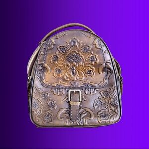 Embossed Floral Leather Mini Backpack - Olive Green